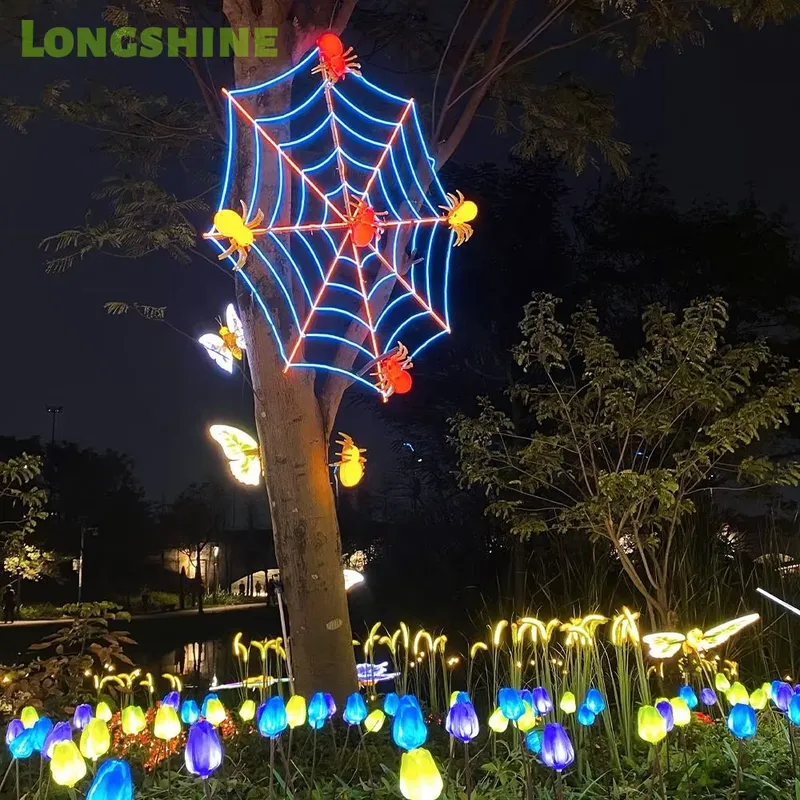 Outdoor Lighting Tree - ハロウィン用スパイダーウェブLEDライト、屋外ガーデン用壁掛け式、パーティー、ツリー、中庭装飾、フェスティバル、ホリデー照明