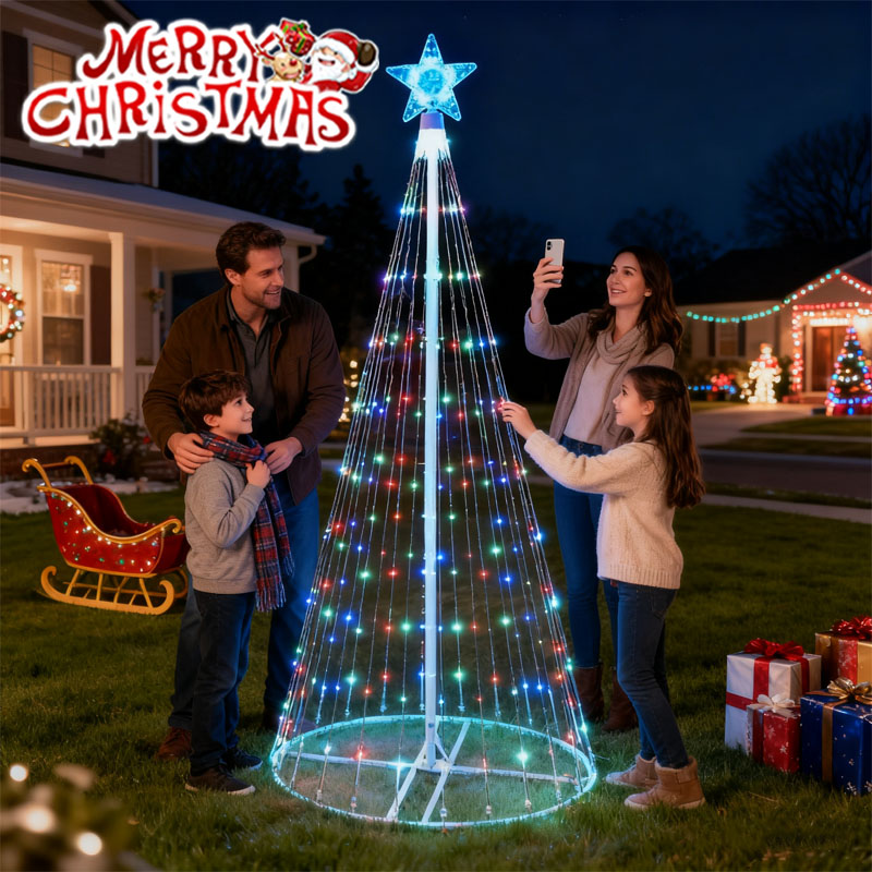 Outdoor Lighting Tree - ソーラー式LED滝型ストリングライト クリスマスツリー飾り 五芒星滝デザイン 屋外ガーデンデコレーション