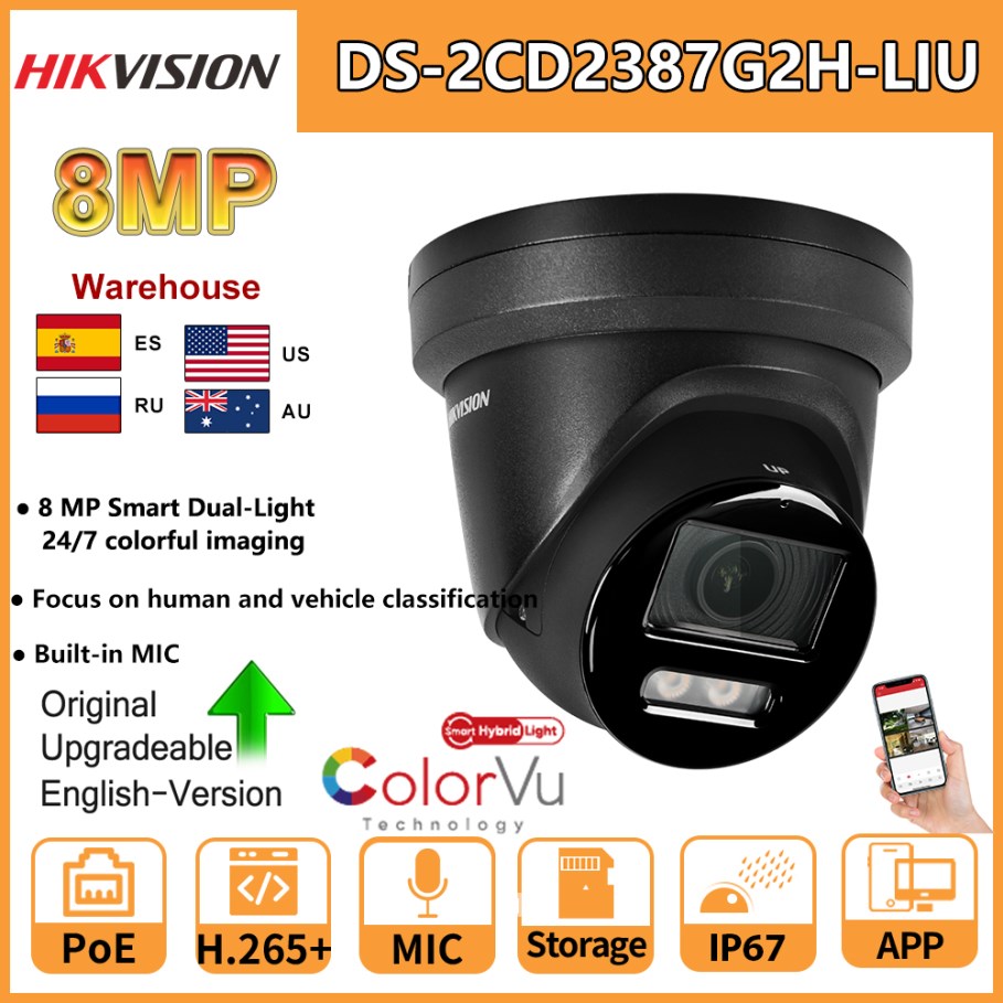 Outdoor Lighting Under Roof - Hikvision-マイク内蔵のスマートIPカメラ,デュアルライト固定タレットネットワーク,colorvu,ハイブリッド,8mp,DS-2CD2387G2H-LIU, 4k