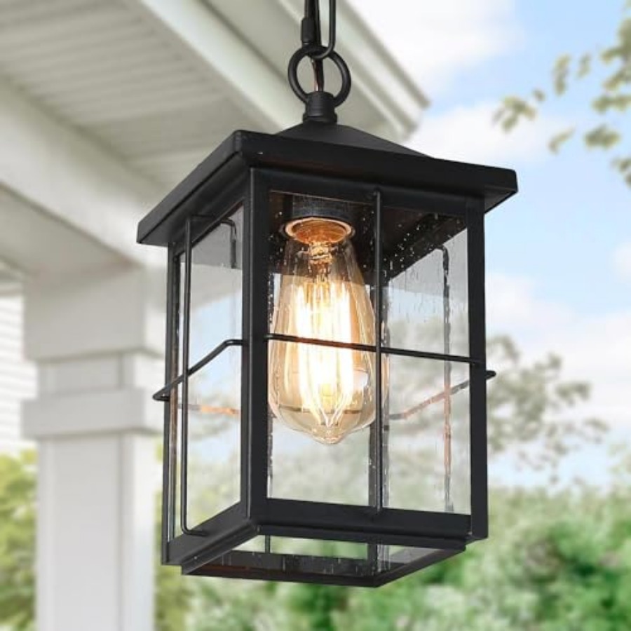 Outdoor Lighting Pendant - 屋外用ペンダントライト器具、ファームハウスブラック防錆天井屋外照明器具、シードガラス付き、外装スクエアハンギングランテ