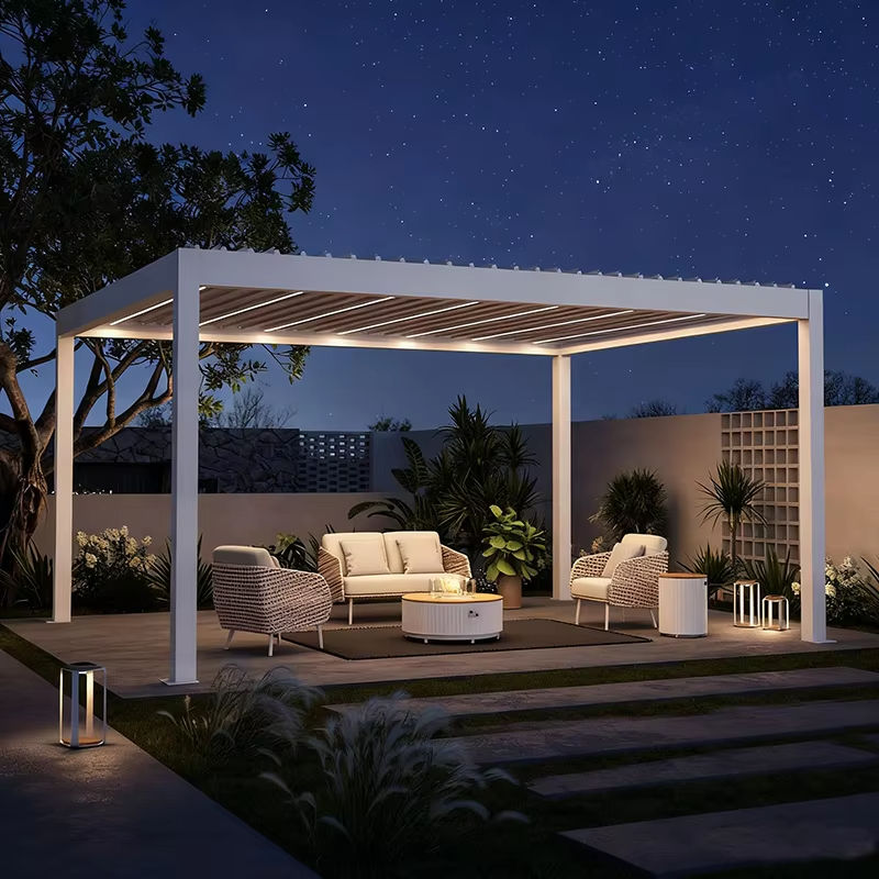 Outdoor Lighting Gazebo - 屋外用防錆ヘビーデューティーパビリオン（LEDライトと調整可能なブラインド付き）雨よけパーゴラ長方形ガーデンガゼボ