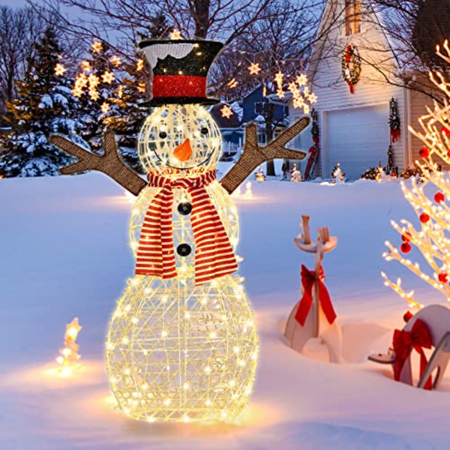Outdoor Lighting In Ground - クリスマス屋外用ライトアップスノーマンヤードデコレーション、PVC製ホワイトスノーマン、80個の温白色LEDライト付き、地面固定用ステークス付属