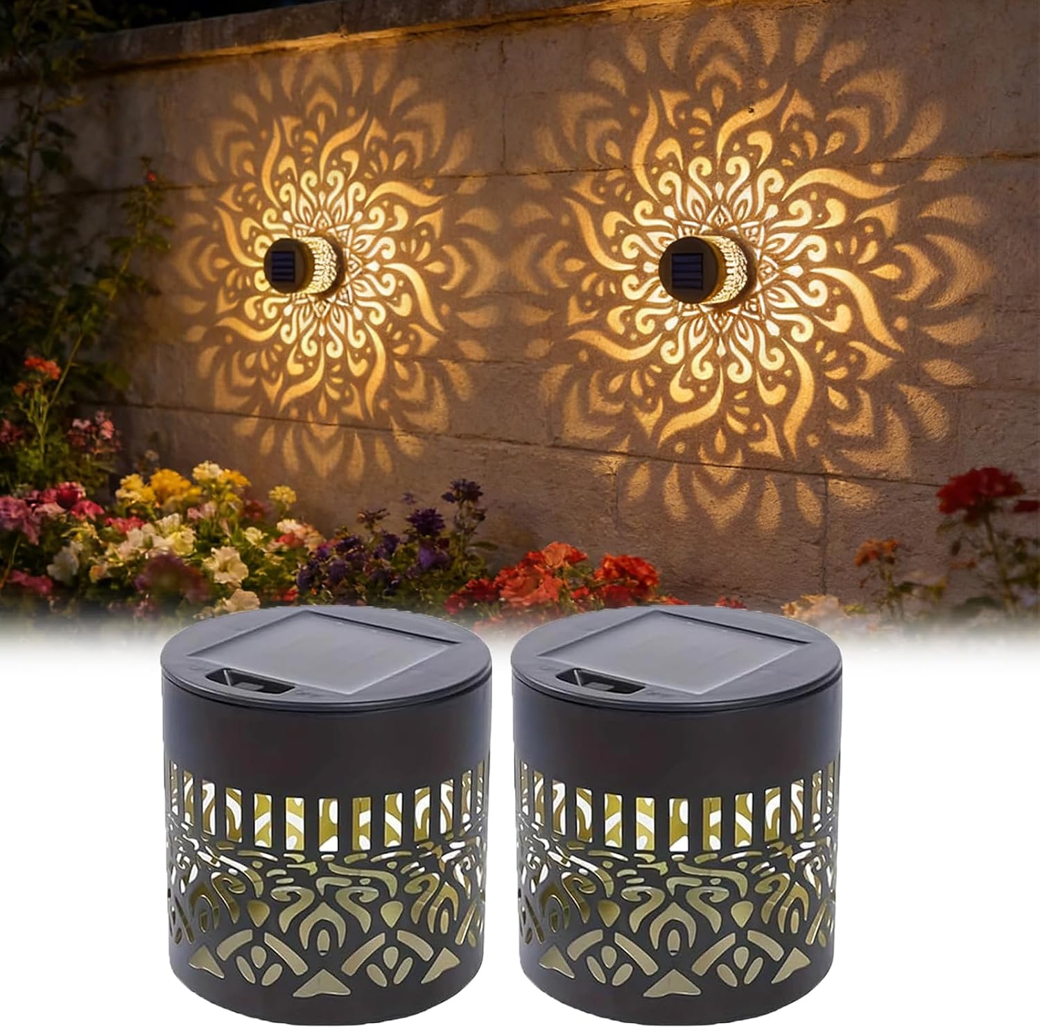 Outdoor Lighting Driveway - 2個セット ソーラーガーデンライト IP65 耐久性のある金属製屋外LEDランタン マンダラ模様の透かし彫りデザイン 耐候性のある雰囲気のあるナイトライト