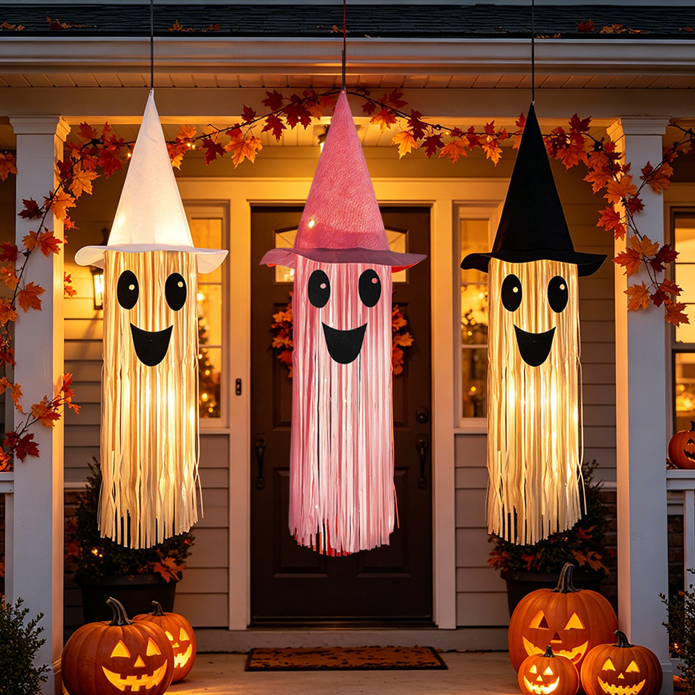 Outdoor Lighting Pendant - ハロウィン光る魔女帽子ゴーストタッセル吊り下げ装飾、LEDライトゴーストペンダント、屋外の木や庭のハロウィンパーティー用