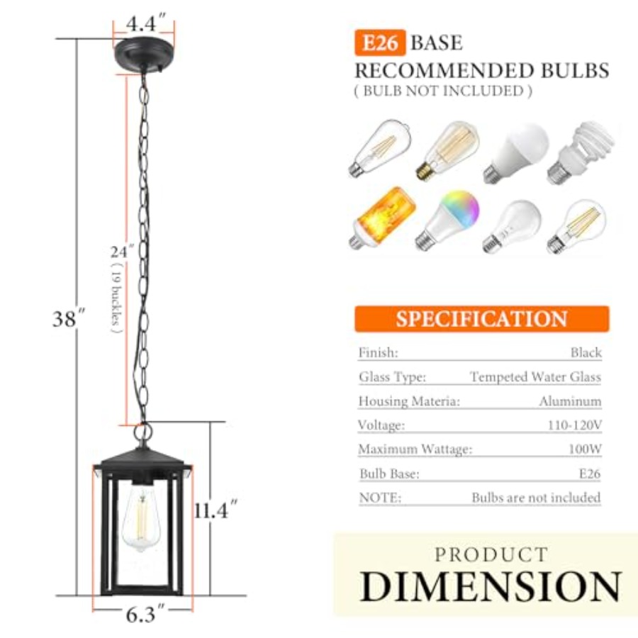 パティオ用屋外ペンダントライト、ポーチ用屋外ペンダント照明器 - Outdoor Lighting Pendant のレビューと価格