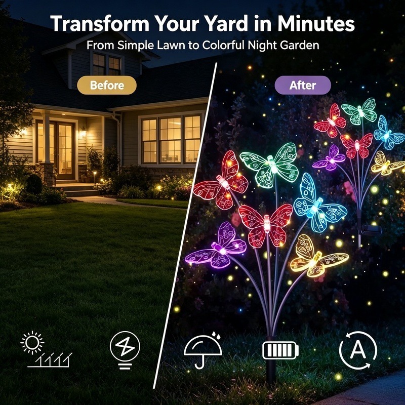 ソーラー式バタフライライト、防水LEDガーデンステークライト - Outdoor Lighting Patio のレビューと価格