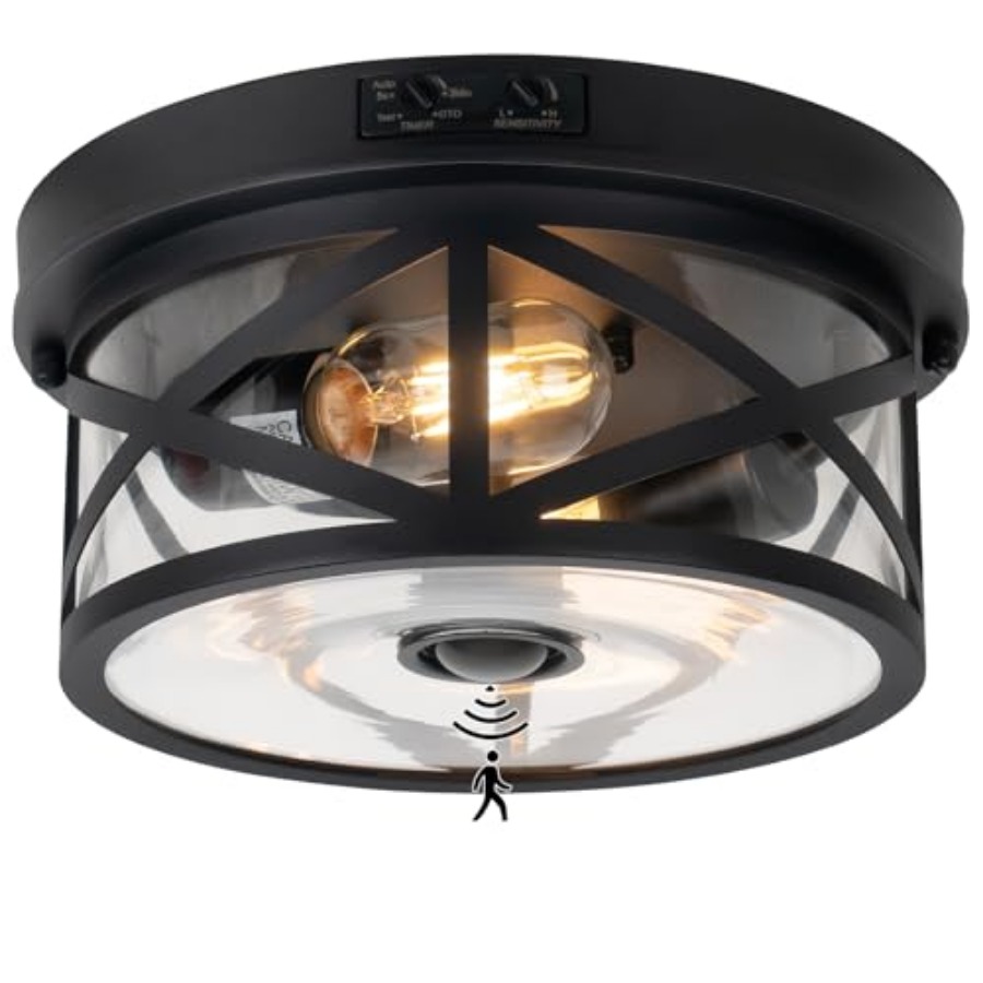 モーションセンサー屋外天井照明、調節可能な黒色フラッシュマウ - Outdoor Lighting Sensor のレビューと価格