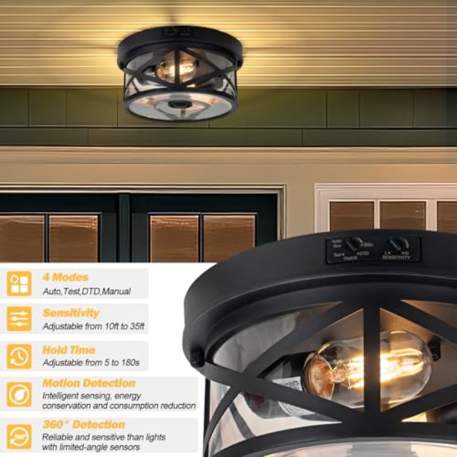 モーションセンサー屋外天井照明、調節可能な黒色フラッシュマウ - Outdoor Lighting Sensor のレビューと価格